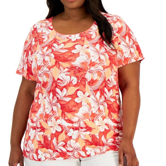 Karen Scott Plus Size 3X Pink & Orange Floral Scoop-Neck Short-Sleeve Top NWT - Picture 1 of 6